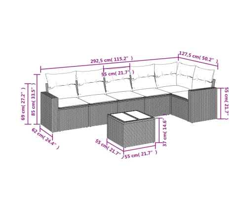 Set de comedor de jardín 7 pzas y cojines ratán sintético negro