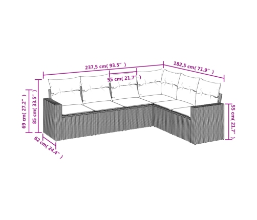 Set de muebles de jardín 6 pzas y cojines ratán sintético gris