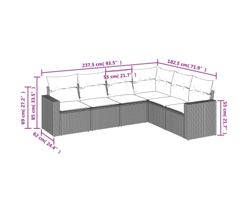 Set de sofás de jardín 6 pzas y cojines ratán sintético gris