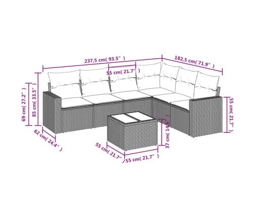 Set de comedor de jardín 7 pzas y cojines ratán sintético negro