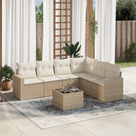 Set sofás de jardín 7 piezas y cojines ratán sintético beige