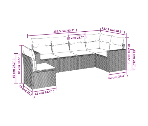 Set de muebles de jardín 6 pzas y cojines ratán sintético gris