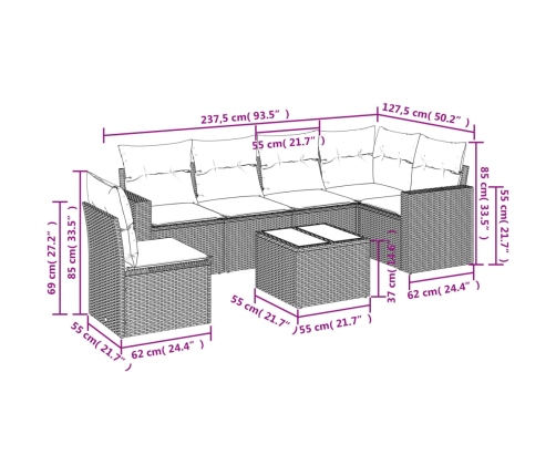 Set de comedor de jardín 7 pzas y cojines ratán sintético negro