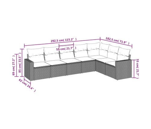 Set de comedor de jardín 7 pzas y cojines ratán sintético negro