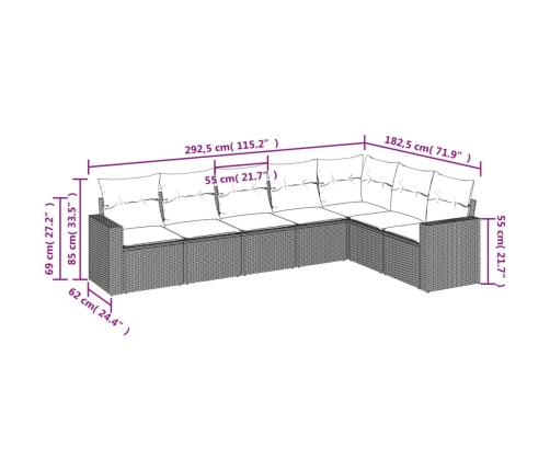 Set de sofás de jardín 7 piezas con cojines ratán PE gris