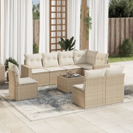 Set de sofás de jardín 9 pzas con cojines ratán sintético beige