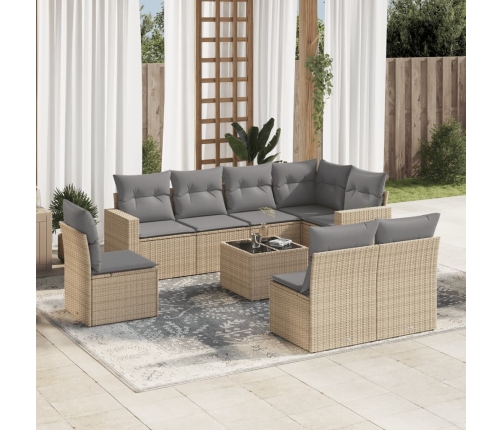 Set de sofás de jardín 9 pzas con cojines ratán sintético beige