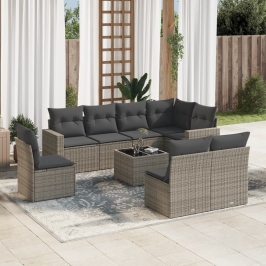 Set de muebles de jardín 9 pzas y cojines ratán sintético gris