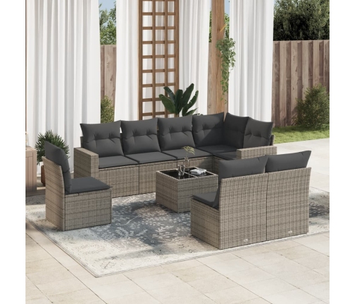 Set de muebles de jardín 9 pzas y cojines ratán sintético gris