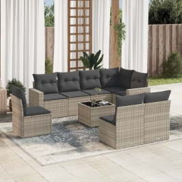 Set muebles jardín 9 pzas y cojines ratán sintético gris claro