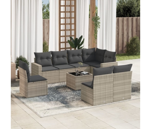 Set muebles jardín 9 pzas y cojines ratán sintético gris claro