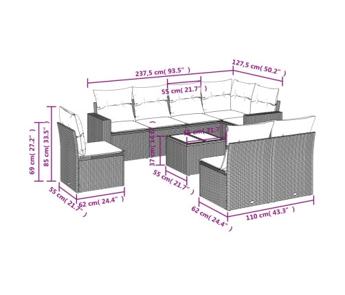 Set de sofás de jardín 9 pzas y cojines ratán sintético marrón