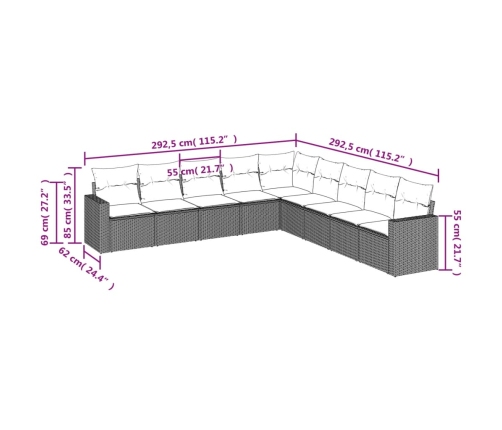 Set de sofás de jardín 8 piezas y cojines ratán sintético negro