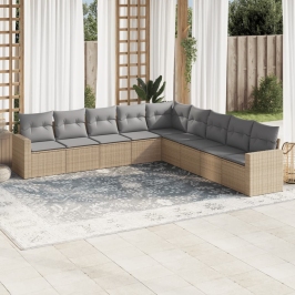 Set de sofás de jardín 9 pzas con cojines ratán sintético beige