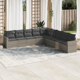 Set de muebles de jardín 9 pzas y cojines ratán sintético gris