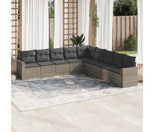 Set de muebles de jardín 9 pzas y cojines ratán sintético gris