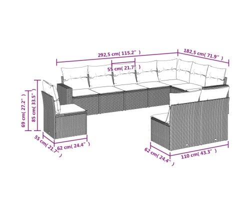 Set de sofás de jardín 10 pzas cojines ratán sintético negro