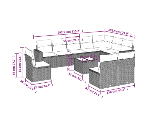 Set de sofás de jardín 11pzas con cojines ratán sintético beige