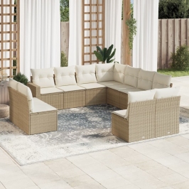 Set de sofás de jardín 11pzas con cojines ratán sintético beige