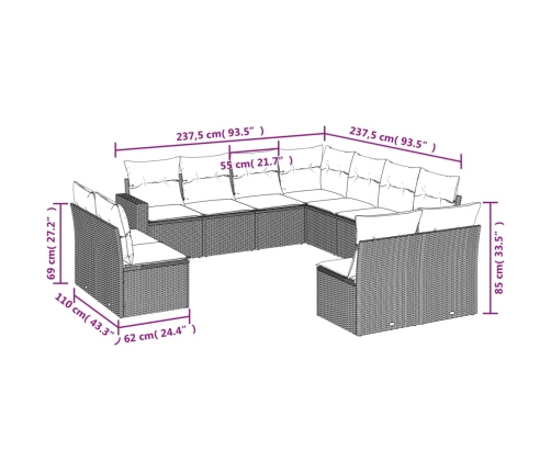 Set de sofás de jardín 11pzas con cojines ratán sintético beige