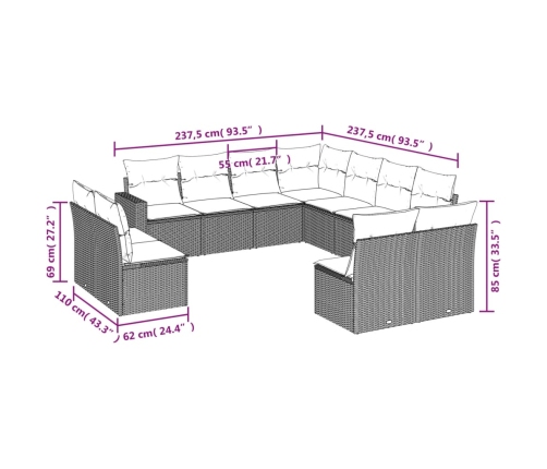 Set de sofás de jardín 11 pzas cojines ratán sintético marrón