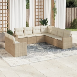 Set de sofás de jardín 9 pzas con cojines ratán sintético beige