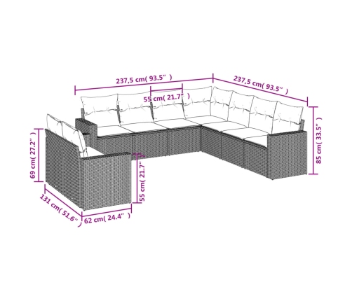 Set muebles jardín 9 pzas y cojines ratán sintético gris claro