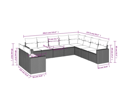 Set de sofás de jardín 10 pzas cojines ratán sintético negro