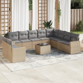 Set de sofás de jardín 11pzas con cojines ratán sintético beige