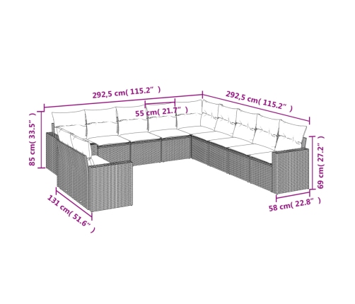 Set de sofás de jardín 11pzas con cojines ratán sintético beige