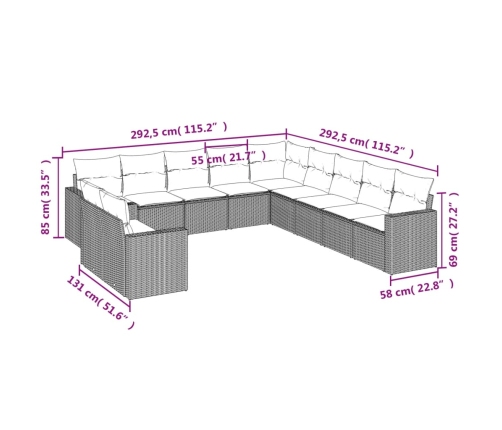 Set de sofás de jardín 11 pzas y cojines ratán sintético gris