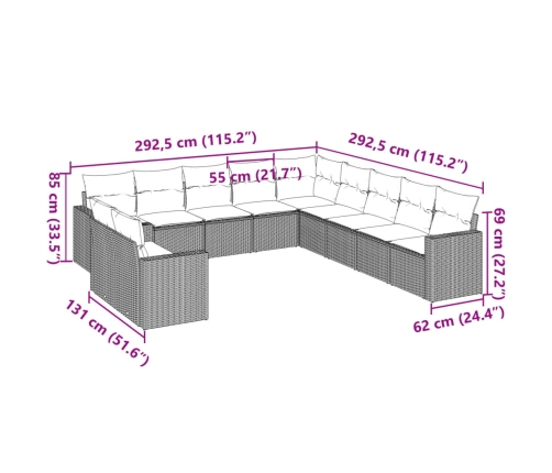 Set de sofás de jardín 11 pzas cojines ratán sintético marrón