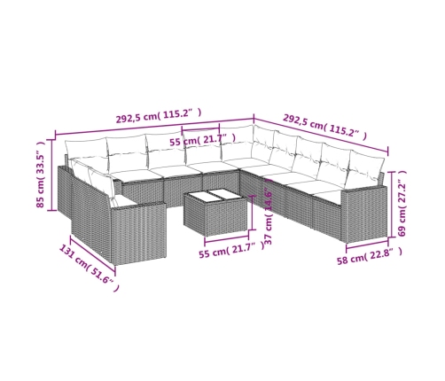 Set de sofás de jardín 12 pzas y cojines ratán sintético marrón