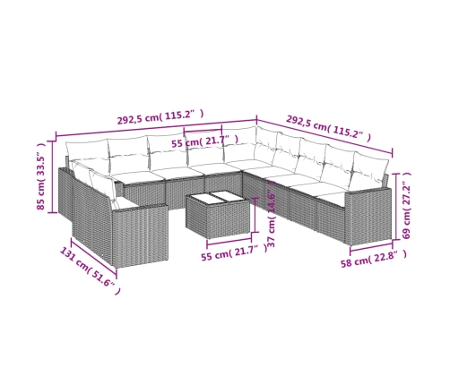 Set de sofás de jardín 12 pzas y cojines ratán sintético gris