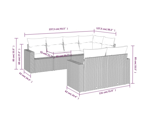 Set de comedor de jardín 7 pzas y cojines ratán sintético negro