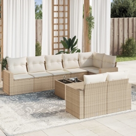 Set de sofás de jardín 9 pzas con cojines ratán sintético beige