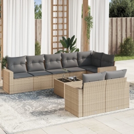 Set de sofás de jardín 9 pzas con cojines ratán sintético beige