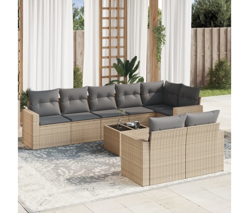 Set de sofás de jardín 9 pzas con cojines ratán sintético beige