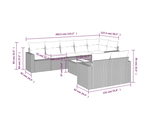 Set de muebles de jardín 9 pzas y cojines ratán sintético gris