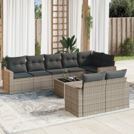 Set de muebles de jardín 9 pzas y cojines ratán sintético gris