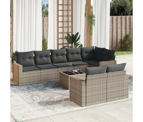 Set de muebles de jardín 9 pzas y cojines ratán sintético gris