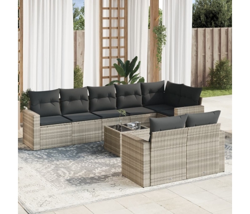 Set muebles jardín 9 pzas y cojines ratán sintético gris claro