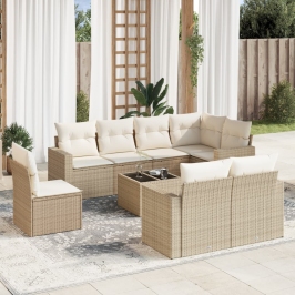 Set de sofás de jardín 9 pzas con cojines ratán sintético beige