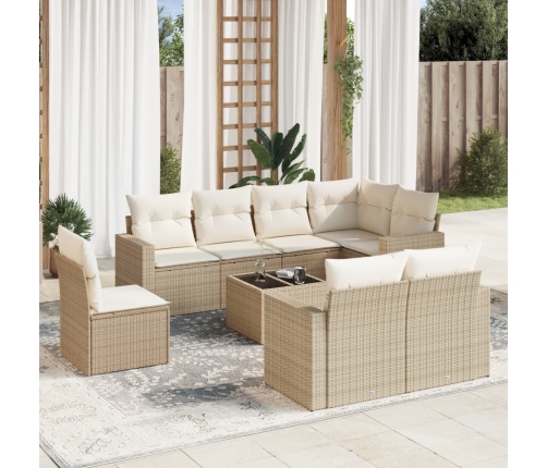 Set de sofás de jardín 9 pzas con cojines ratán sintético beige