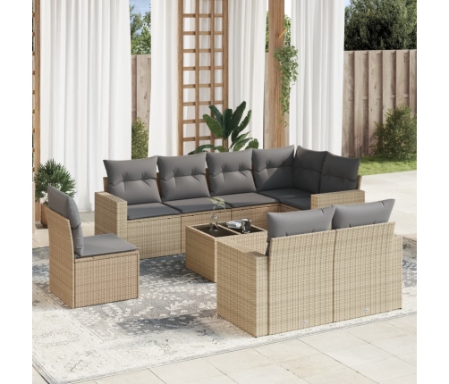 Set de sofás de jardín 9 pzas con cojines ratán sintético beige