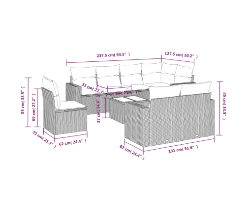 Set de muebles de jardín 9 pzas y cojines ratán sintético gris