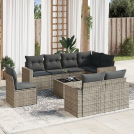 Set de muebles de jardín 9 pzas y cojines ratán sintético gris