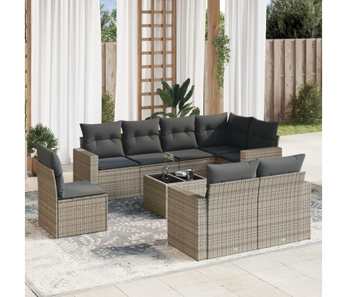 Set de muebles de jardín 9 pzas y cojines ratán sintético gris