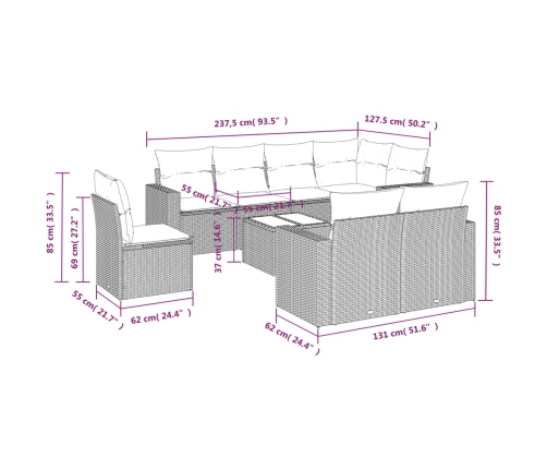 Set muebles jardín 9 pzas y cojines ratán sintético gris claro