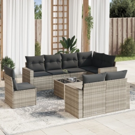 Set muebles jardín 9 pzas y cojines ratán sintético gris claro